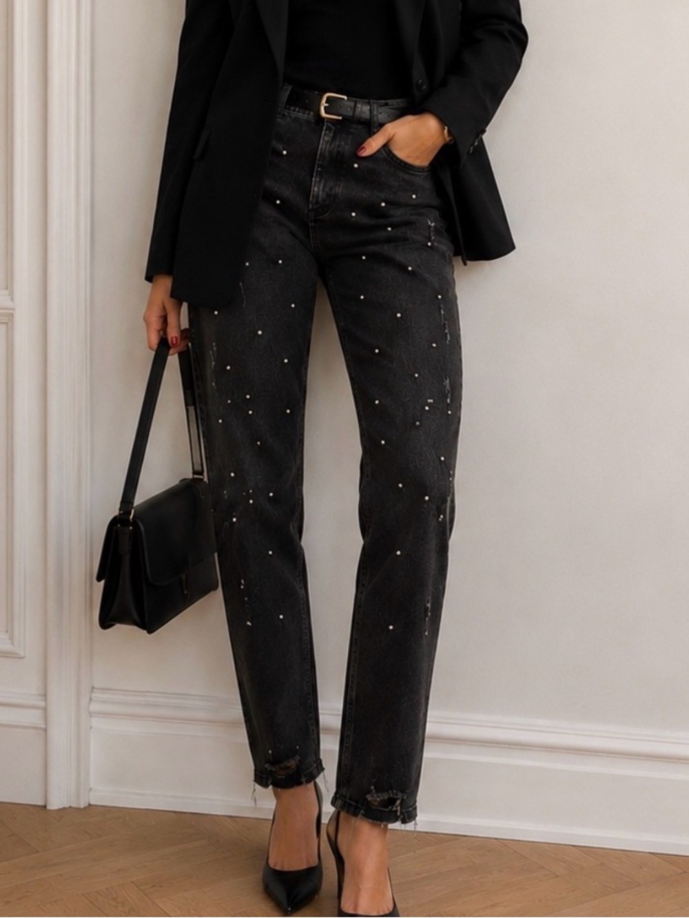 ELA Jeans Black Rhinestone Studded Distressed Skinny Jeans Size 10